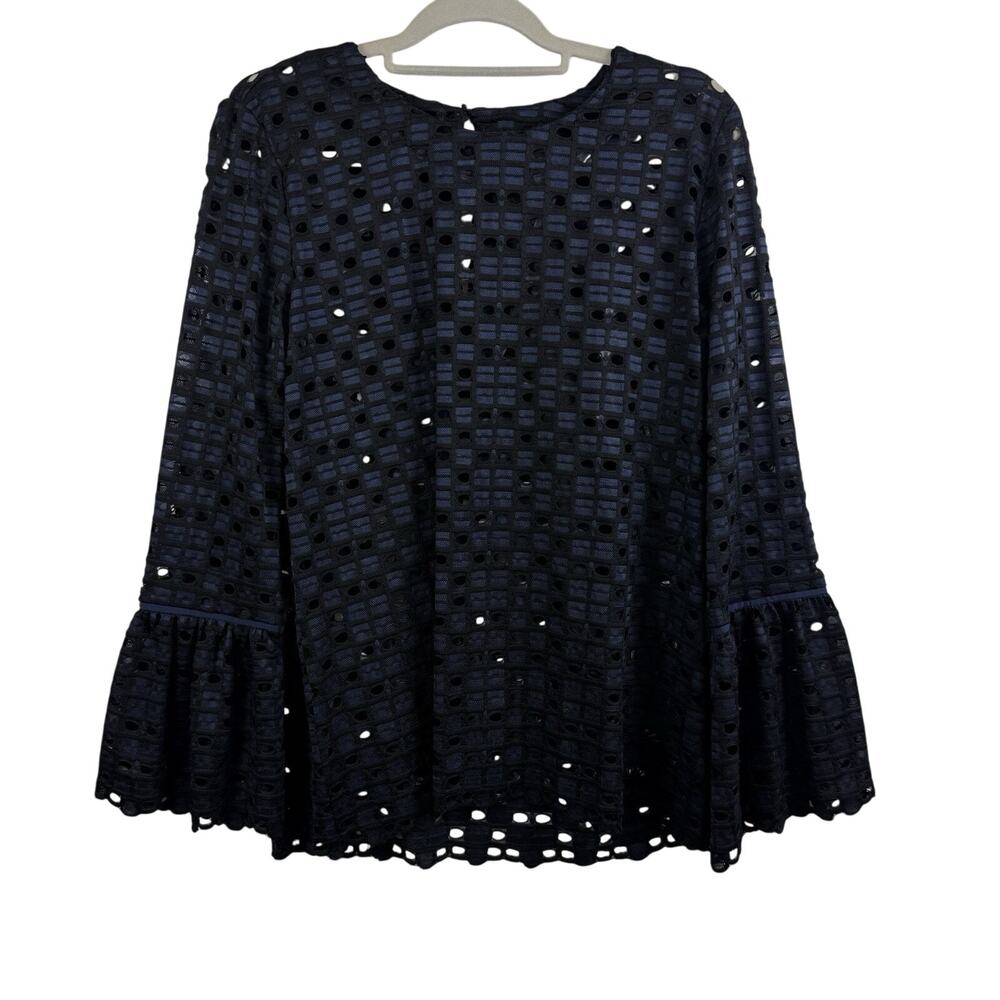 Embroidered Ann Taylor Black Blue Eyelet Top Small Long Bell Sleeve Witchycore